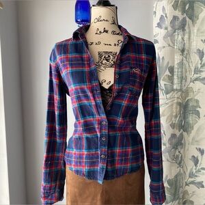 Y2K Hollister Plaid Flannel Button Up Shirt - Blue - Size Small